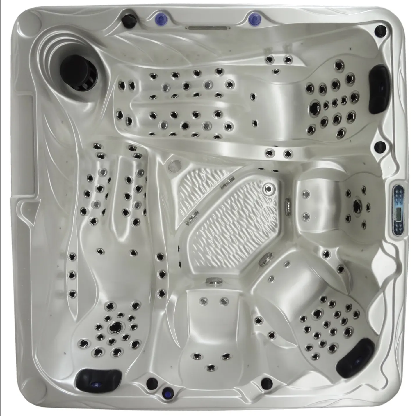 Cadă cu hidromasaj New Maximus DELUXE, cu un design modern, din acril de culoare deschisă, destinată pentru 4-5 persoane, având multiple jeturi de hidromasaj și un sistem de control integrat.
