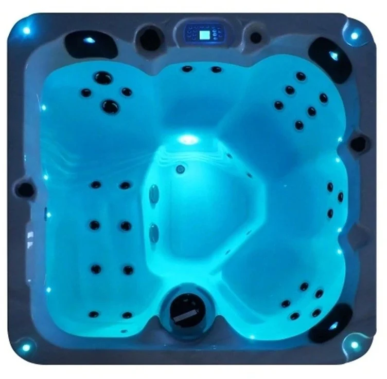 Cadă cu hidromasaj Aurora pentru 5 persoane, cu formă rectangulară, din acril, iluminată cu LED-uri albastre, având 32 de jeturi de masaj și un panou de control digital în partea superioară.