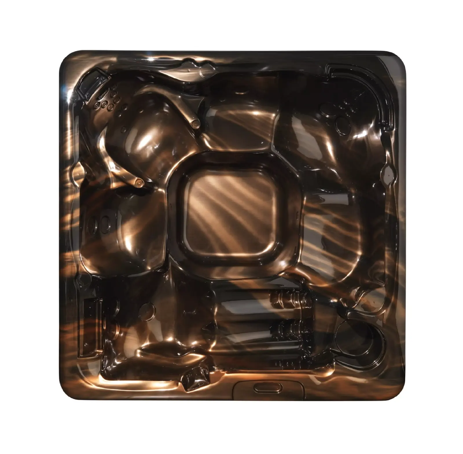 Cadă cu hidromasaj MONAKO 230×215×97 cm, de culoare antracit, cu un design elegant și suprafață lucioasă, având un interior cu forme ergonomice pentru 6 persoane, evidențiind un spațiu central generos și colțuri rotunjite.