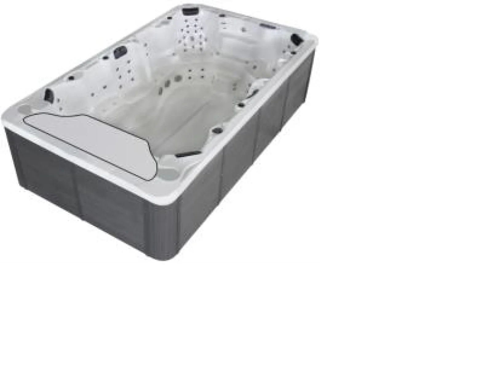 Cadă cu hidromasaj SPRINGS pentru 11 persoane – model Mega Party, de formă rectangulară, cu un finisaj alb perlat și margini antracit, având 11 locuri și multiple jeturi de masaj, situată pe un fundal alb simplu.