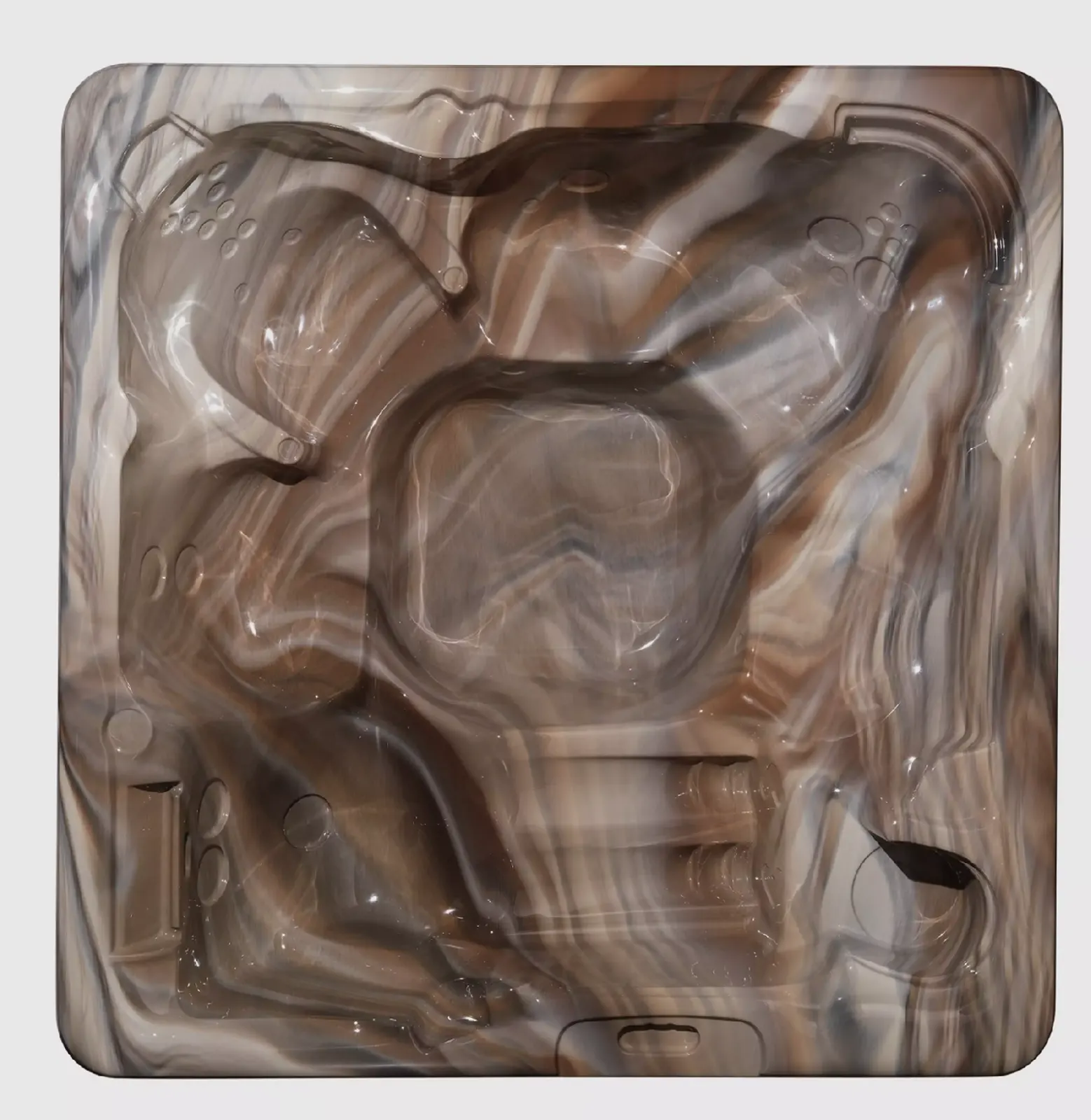 Cada cu hidromasaj BIGG are un design modern, cu o suprafață ondulată în nuanțe de maro și bej, având dimensiuni de 230×230×98 cm, oferind spațiu pentru până la 7 persoane, iar materialul acrilic conferă un aspect elegant și durabil.