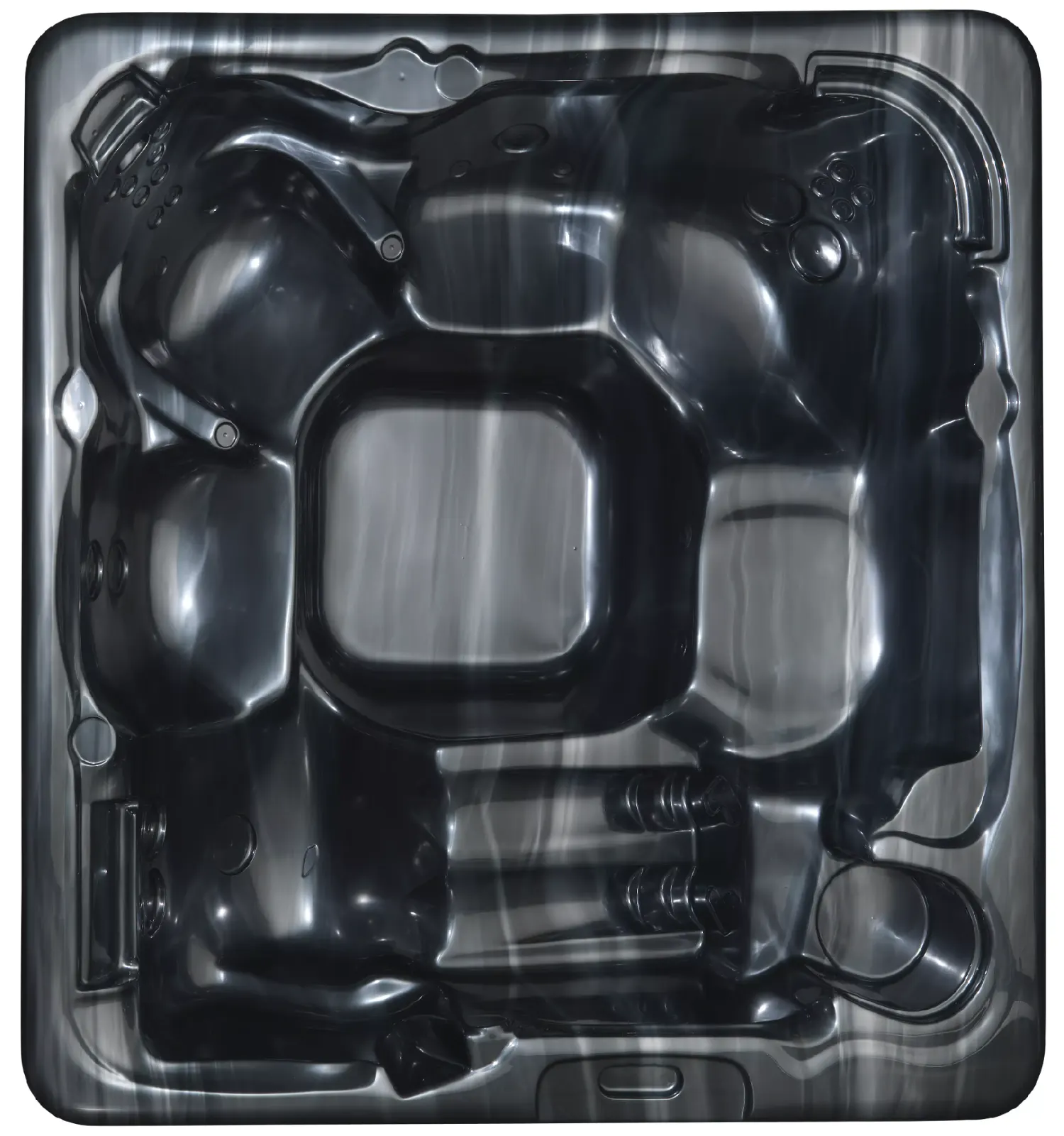 Cadă cu hidromasaj BIGG 230×230×98 cm, de culoare antracit, cu un design modern și suprafață lucioasă, având un interior spațios pentru 7 persoane, cu colțuri rotunjite și locuri de șezut confortabile.