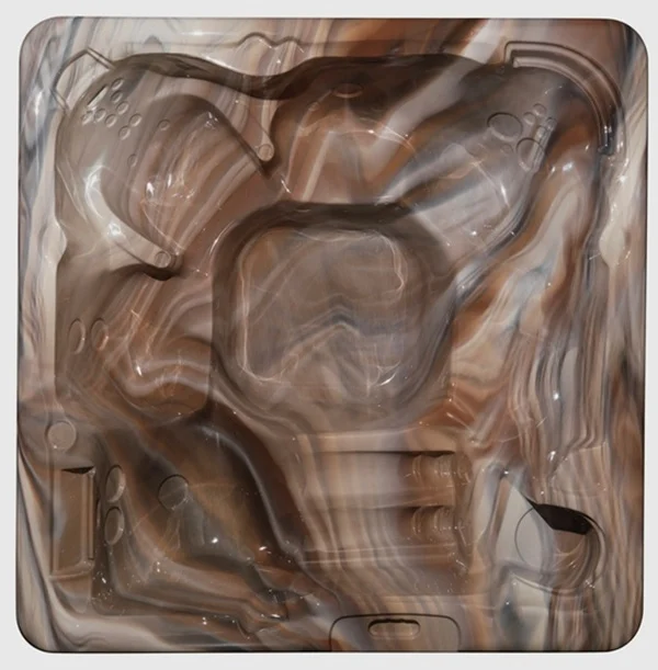Cadă cu hidromasaj GAMA 220×220×95 cm, cu un design elegant în nuanțe de maro și crem, având un interior neted și curbat, destinat pentru 6 persoane, cu locuri ergonomice și spații pentru jeturi de masaj.