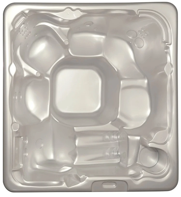 Cadă cu hidromasaj GAMA 220×220×95 cm, de formă pătrată, din acril transparent, cu un interior neted și contururi rotunjite, având capacitate pentru 6 persoane, fără accesorii vizibile.