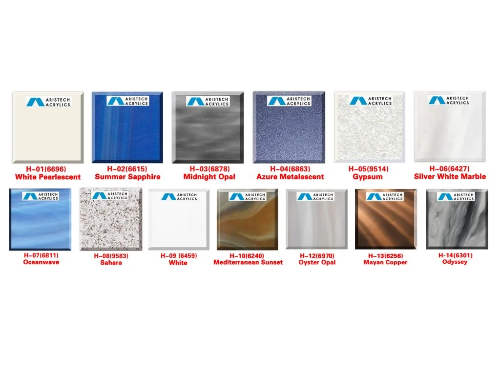 Palete de culori acrilice pentru cada cu hidromasaj compactă HOME, incluzând nuanțele White Pearlescent, Summer Sapphire, Midnight Opal, Azure Metalescent, Gypsum, Silver White Marble, Oceanwave, Sahara, White, Mediterranean Sunset, Oyster Opal, Mayan Copper, și Odyssey, fiecare prezentată în pătrate cu logo-ul Aristech Acrylics.