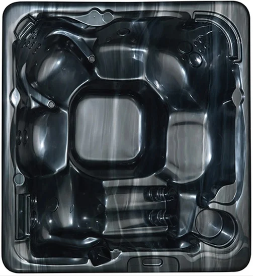 Cadă cu hidromasaj compactă HOME 210×160×77 cm, cu un design interior negru lucios, având forme ergonomice pentru 2-3 persoane, ideală pentru utilizare în spații interioare sau exterioare restrânse.