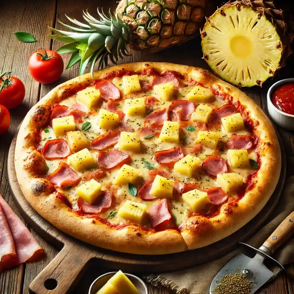 Celá upečená Pizza Hawai so šunkou a ananásom leží na drevenej doske, obklopená čerstvým ananásom, červenými paradajkami a miskou s omáčkou na drevenom stole.
