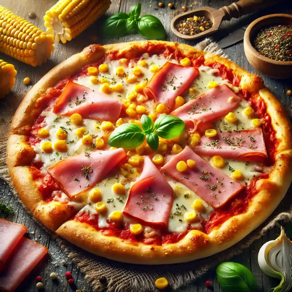 Celá okrúhla šunková pizza s kukuricou a čerstvou bazalkou v strede leží na jutovom podklade na drevenom stole obklopená klasmi kukurice a miskami s korením.
