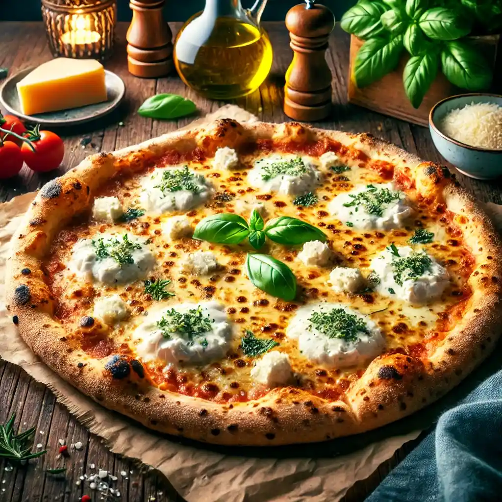Okrúhla Pizza Quattro Formaggi s nadýchaným okrajom, kôpkami bieleho syra a čerstvou bazalkou v strede je servírovaná na papieri na pečenie na drevenom stole obklopenom fľašou oleja, blokom syra a korenničkami.