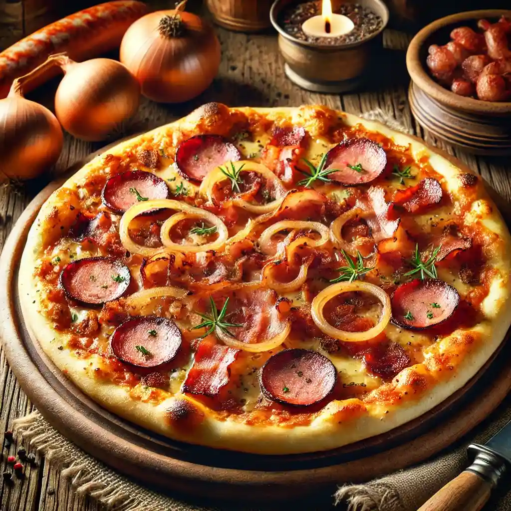 Celá pečená Pizza Sedliacka s kolieskami klobásy, pečenou slaninou, cibuľovými krúžkami a rozmarínom na drevenom podnose, obklopená celou cibuľou a zapálenou sviečkou na rustikálnom stole.