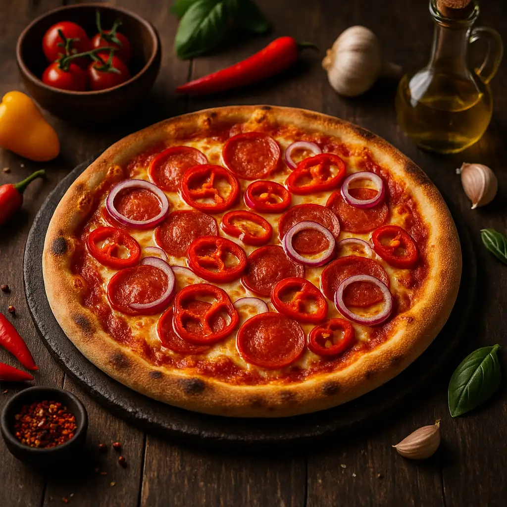 Celá upečená pizza Diavola s pikantnou salámou, červenou paprikou a cibuľovými krúžkami leží na tmavom okrúhlom podnose na drevenom stole obklopená paradajkami, čili papričkami, cesnakom a fľašou oleja.