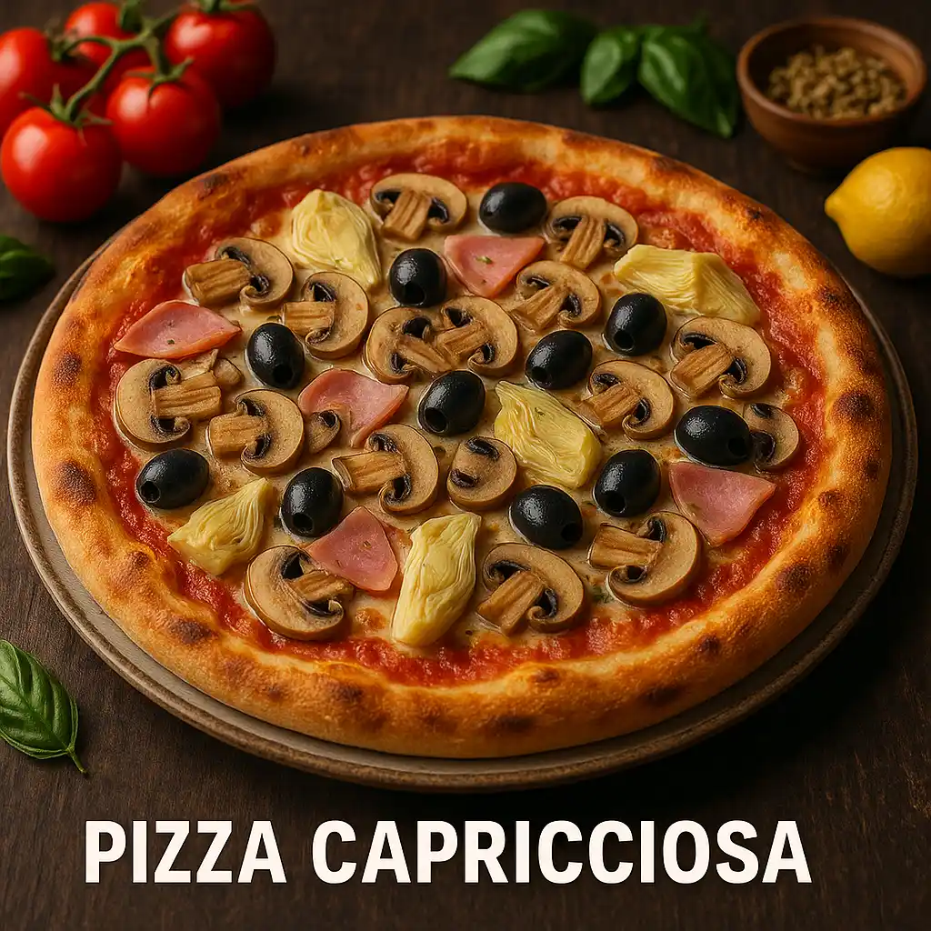 Upečená okrúhla Pizza Capricciosa so šunkou, šampiňónmi, čiernymi olivami a artičokmi položená na tmavej drevenej doske s čerstvými paradajkami v pozadí a bielym nápisom PIZZA CAPRICCIOSA v spodnej časti.
