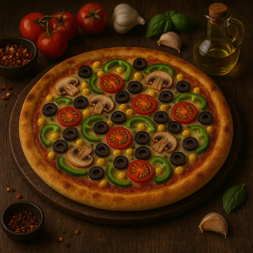 Okrúhla Pizza Vegetariánska na drevenom podnose obložená paradajkami, šampiňónmi, zelenou paprikou, čiernymi olivami a kukuricou, obklopená čerstvými surovinami a fľašou oleja na tmavom drevenom stole.