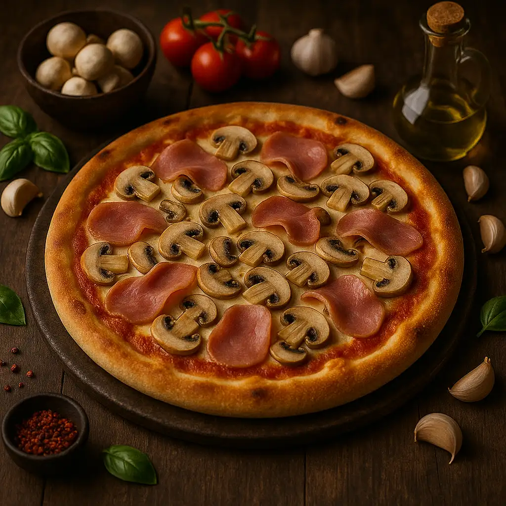Okrúhla Pizza Prosciutto e Funghi s plátkami šunky a šampiňónmi položená na tmavom drevenom podklade v obklopení čerstvých paradajok, strúčikov cesnaku, misky so šampiňónmi a fľaše oleja.